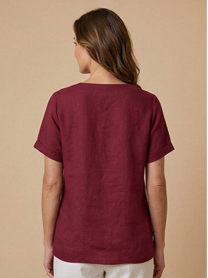 Relaxed Linen Top with Button Detail and Cuffed Sleeves