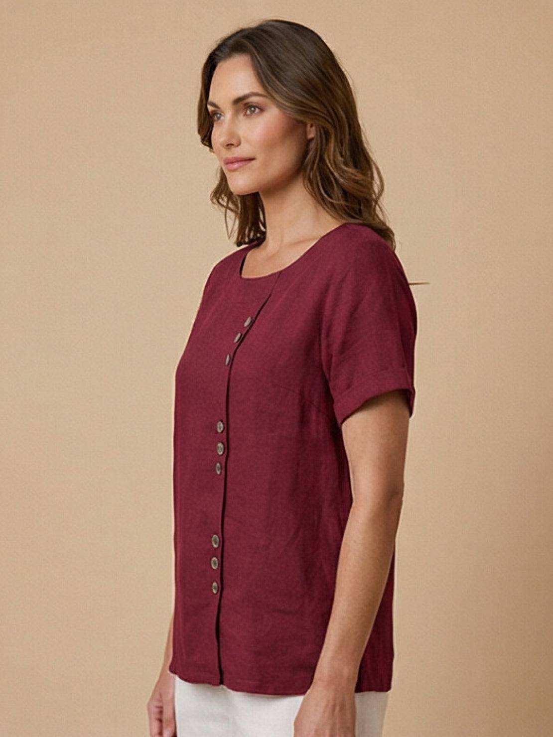 Relaxed Linen Top with Button Detail and Cuffed Sleeves