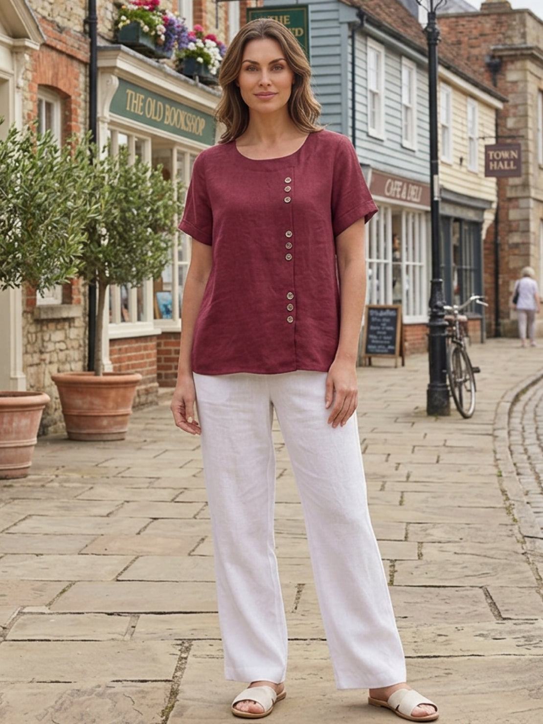 Relaxed Linen Top with Button Detail and Cuffed Sleeves
