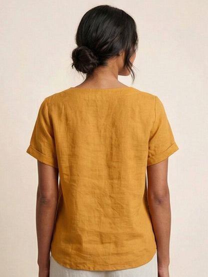 Relaxed Linen Top with Button Detail and Cuffed Sleeves