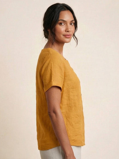 Relaxed Linen Top with Button Detail and Cuffed Sleeves