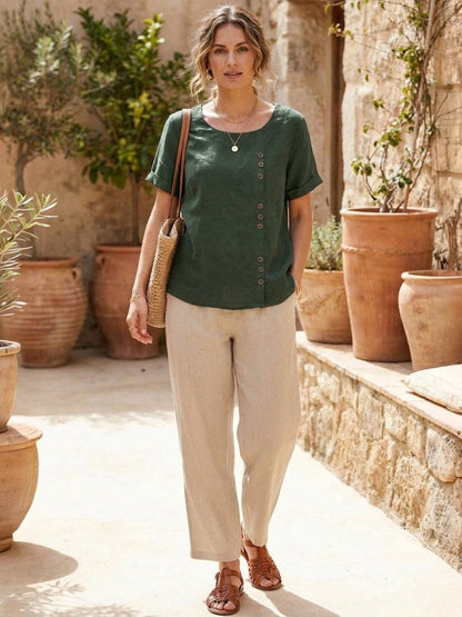 Relaxed Linen Top with Button Detail and Cuffed Sleeves