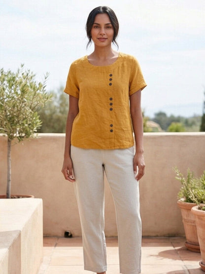 Relaxed Linen Top with Button Detail and Cuffed Sleeves