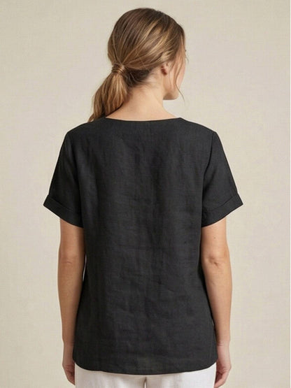 Relaxed Linen Top with Button Detail and Cuffed Sleeves