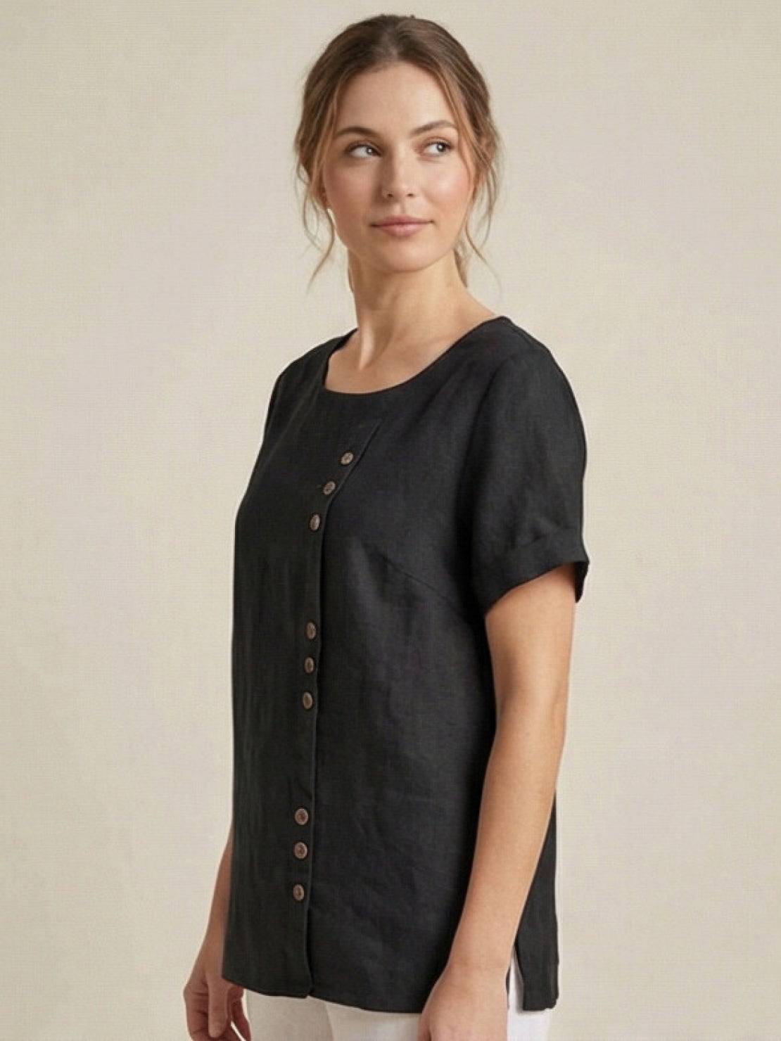 Relaxed Linen Top with Button Detail and Cuffed Sleeves