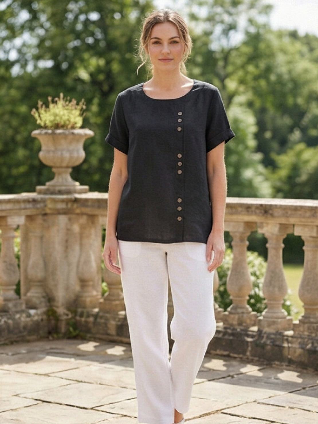 Relaxed Linen Top with Button Detail and Cuffed Sleeves