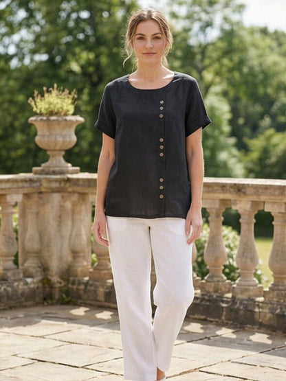 Relaxed Linen Top with Button Detail and Cuffed Sleeves