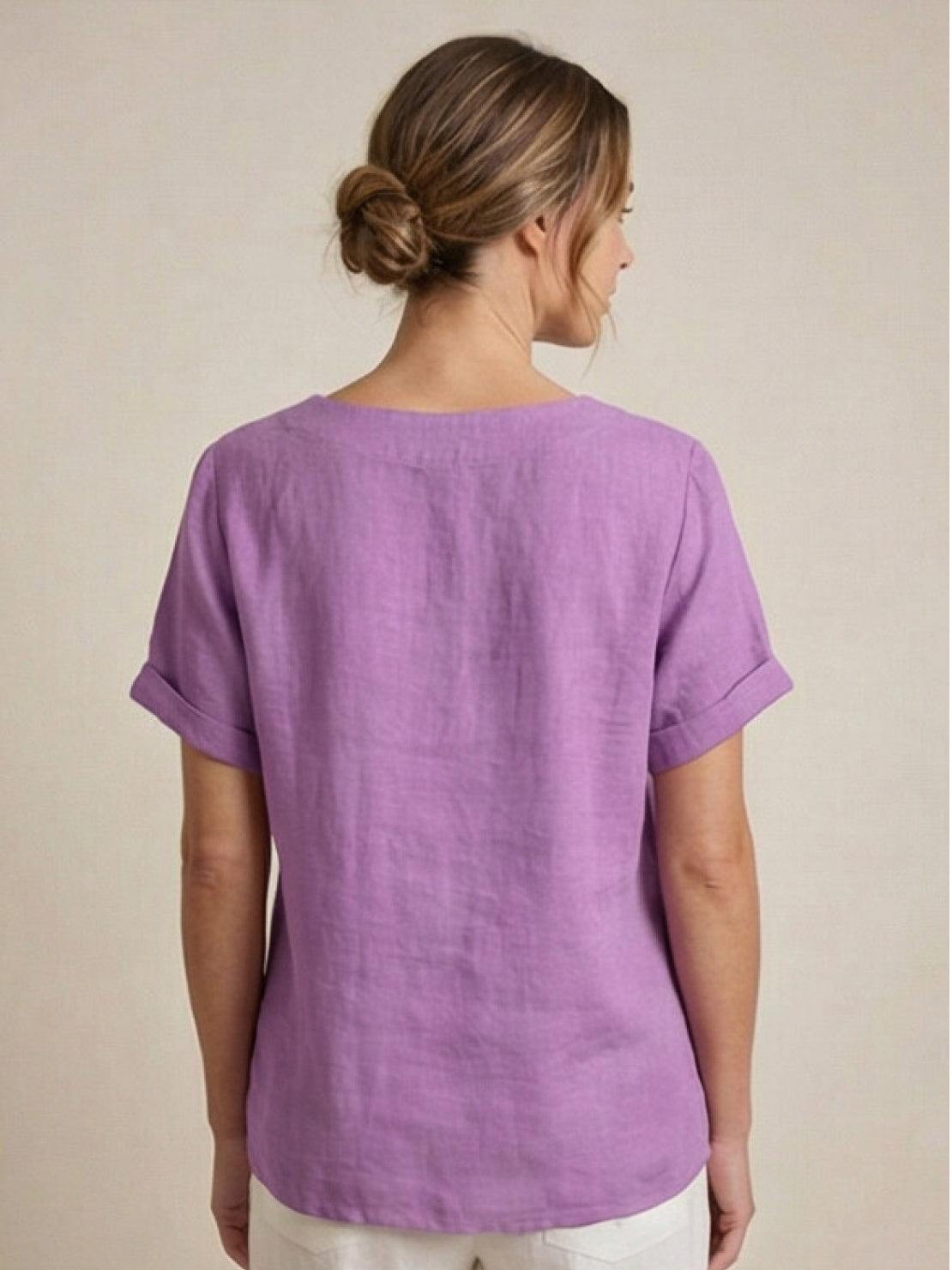 Relaxed Linen Top with Button Detail and Cuffed Sleeves