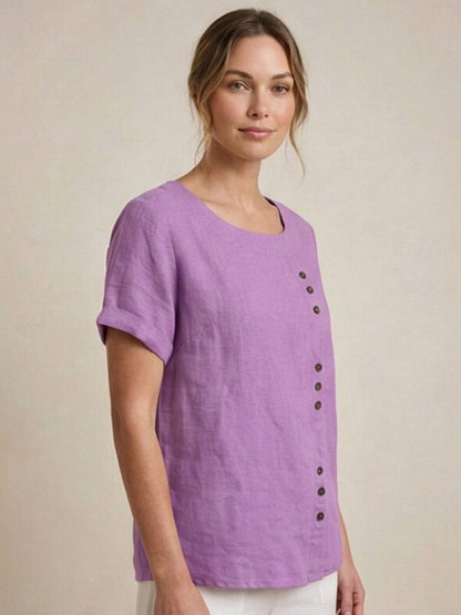 Relaxed Linen Top with Button Detail and Cuffed Sleeves