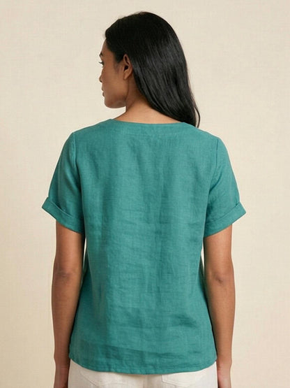 Relaxed Linen Top with Button Detail and Cuffed Sleeves