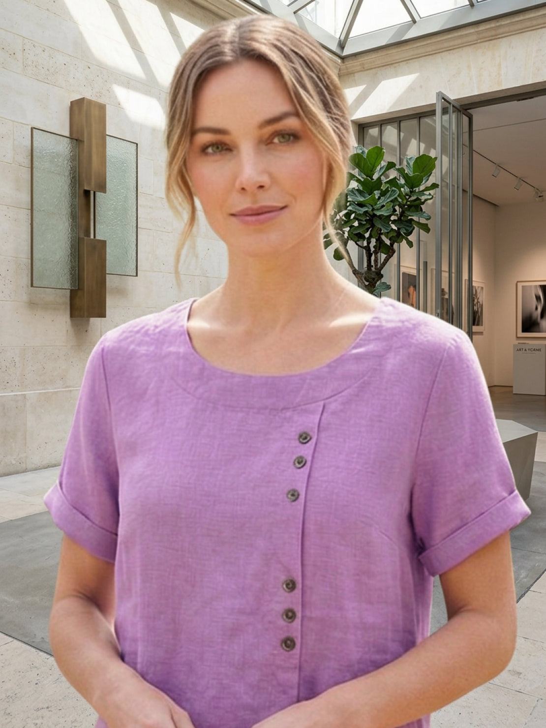 Relaxed Linen Top with Button Detail and Cuffed Sleeves