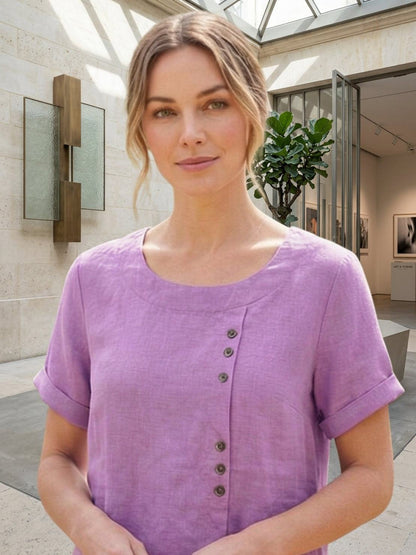 Relaxed Linen Top with Button Detail and Cuffed Sleeves