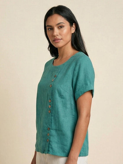 Relaxed Linen Top with Button Detail and Cuffed Sleeves