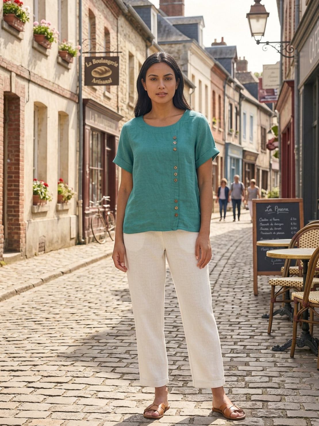 Relaxed Linen Top with Button Detail and Cuffed Sleeves