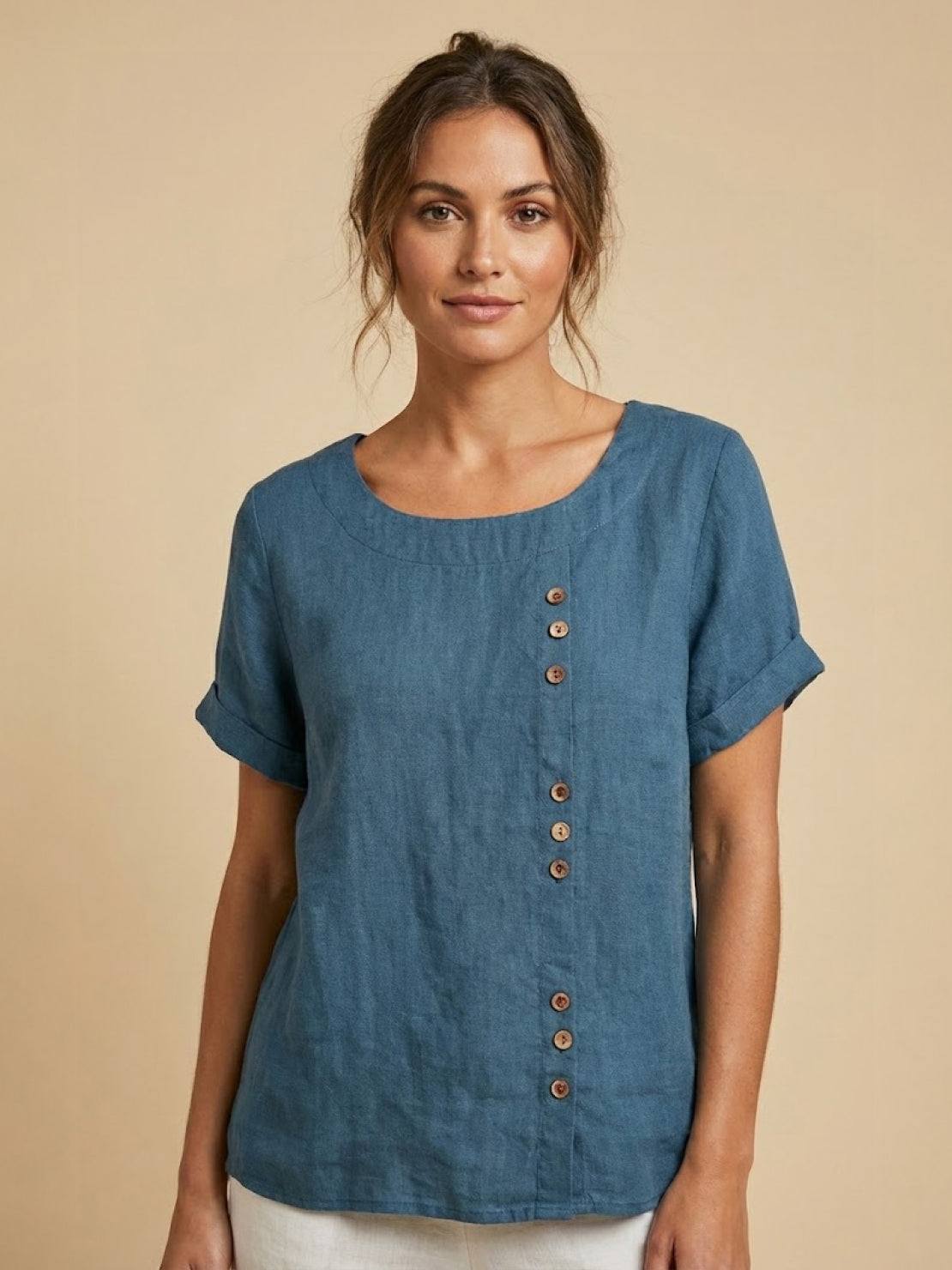 Relaxed Linen Top with Button Detail and Cuffed Sleeves