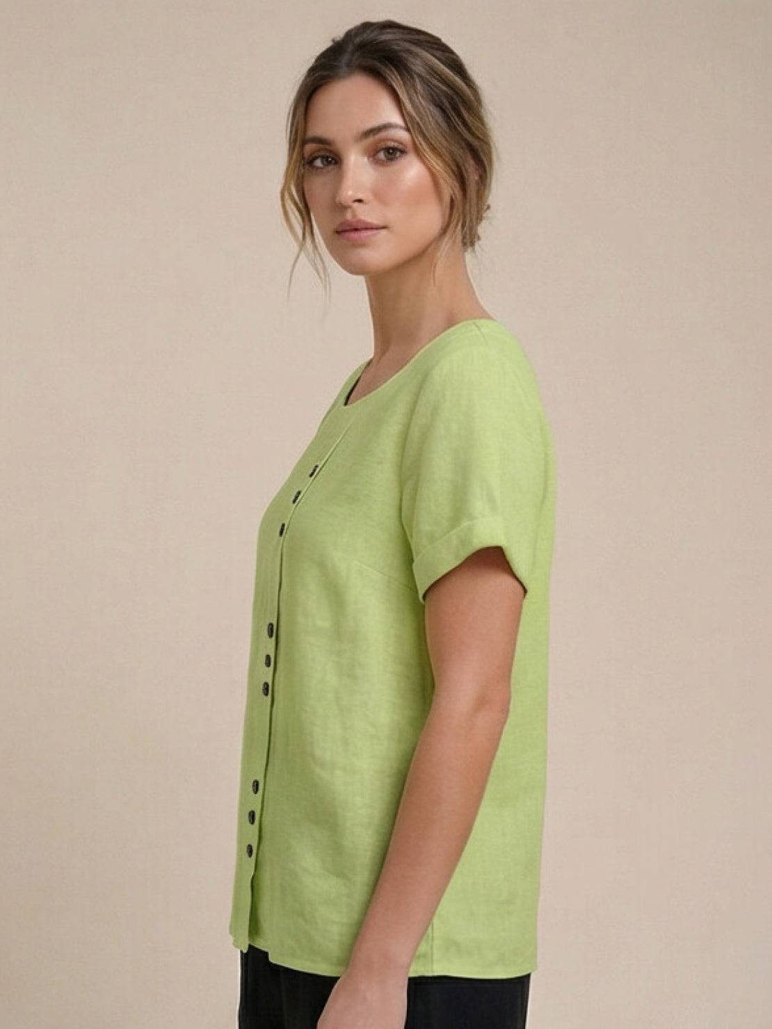 Relaxed Linen Top with Button Detail and Cuffed Sleeves