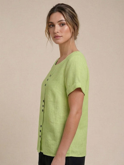 Relaxed Linen Top with Button Detail and Cuffed Sleeves