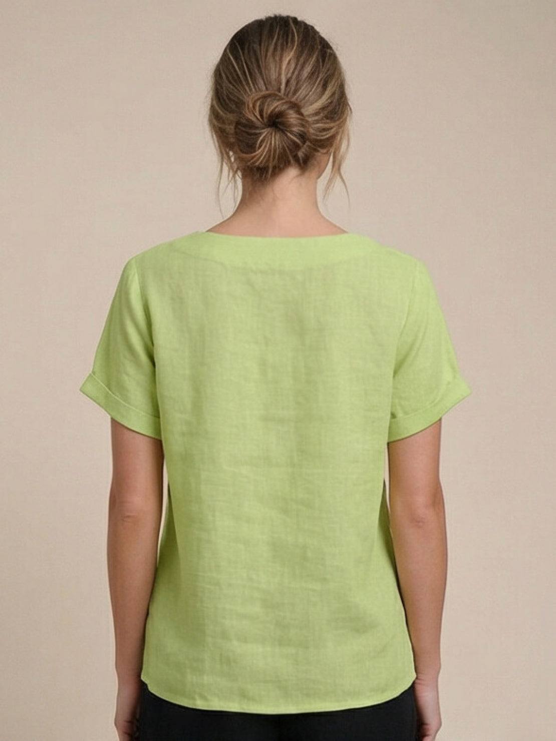 Relaxed Linen Top with Button Detail and Cuffed Sleeves