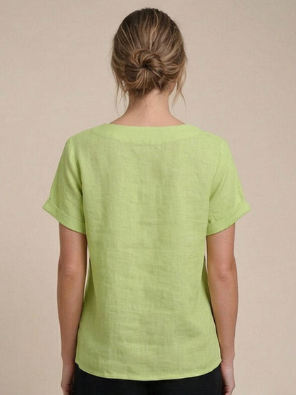 Relaxed Linen Top with Button Detail and Cuffed Sleeves