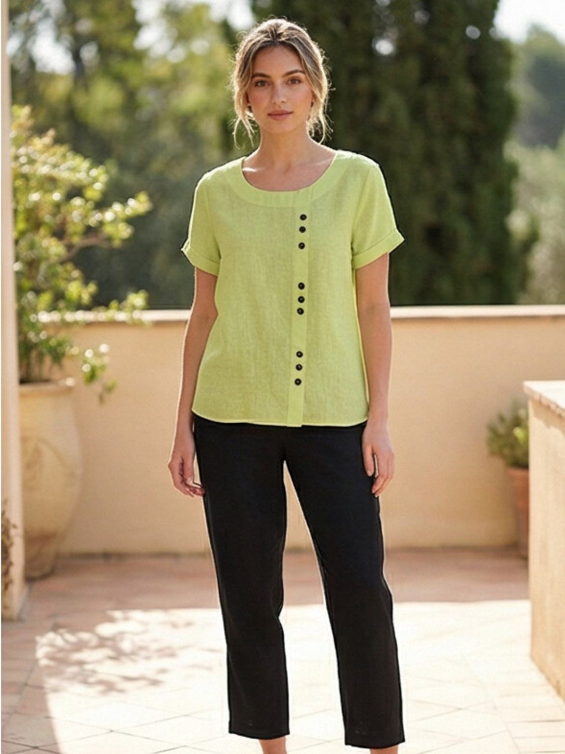 Relaxed Linen Top with Button Detail and Cuffed Sleeves