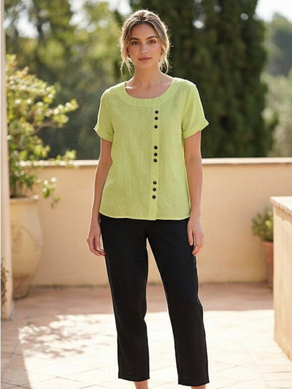 Relaxed Linen Top with Button Detail and Cuffed Sleeves
