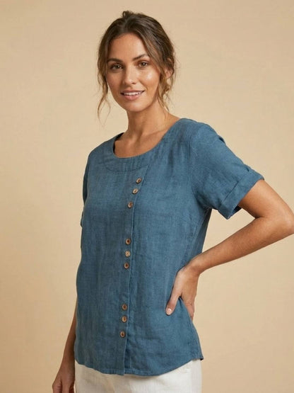 Relaxed Linen Top with Button Detail and Cuffed Sleeves