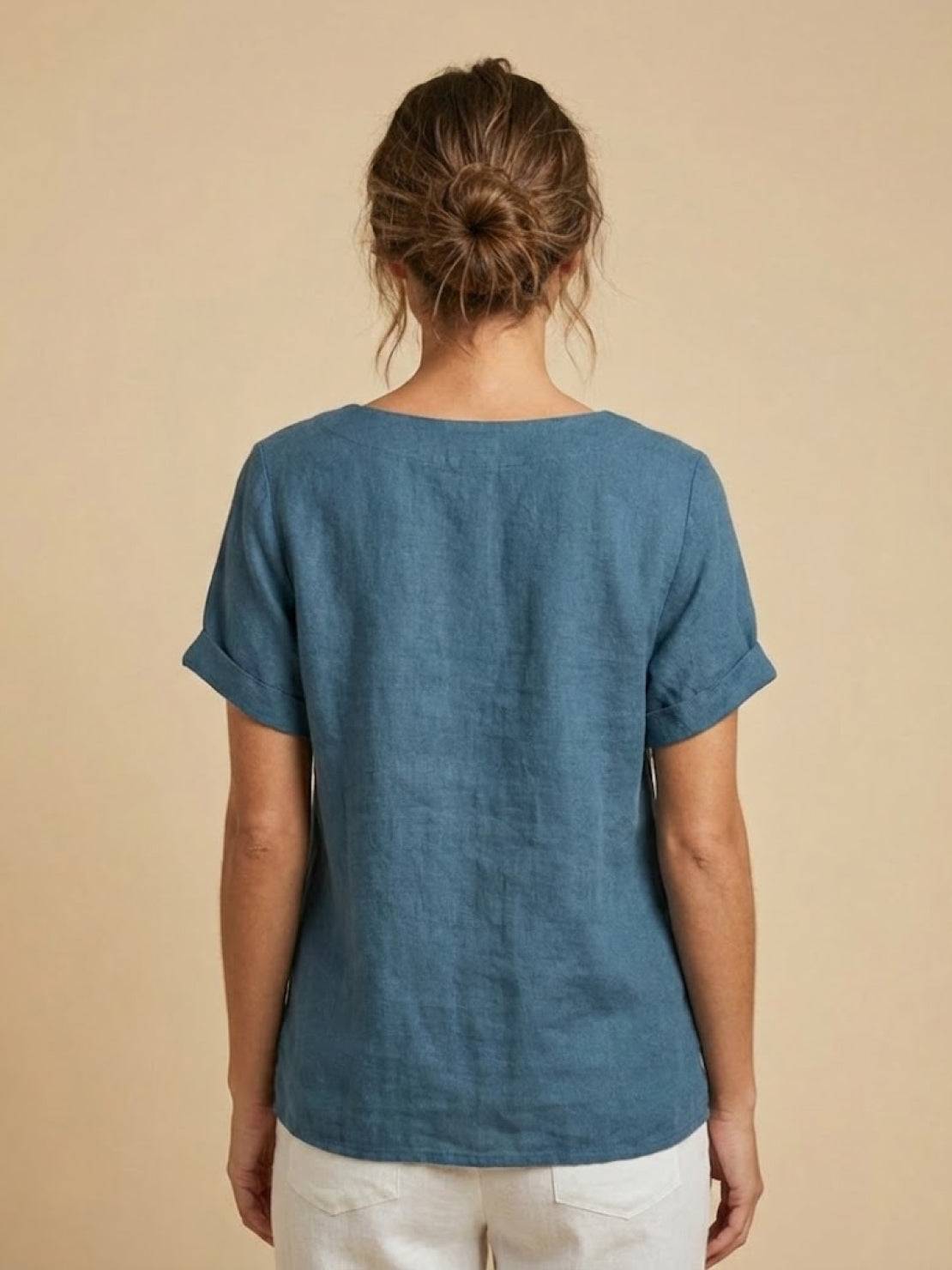 Relaxed Linen Top with Button Detail and Cuffed Sleeves