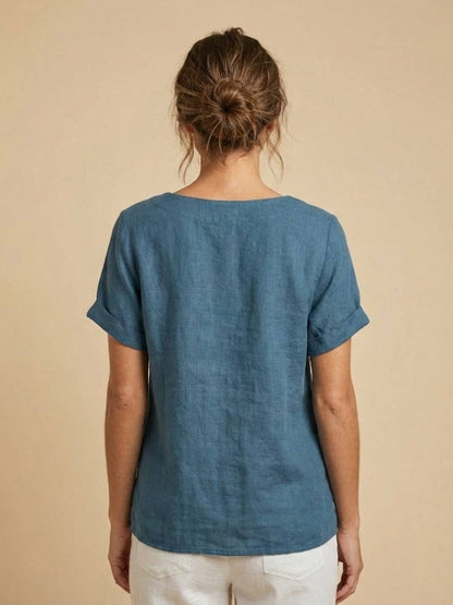 Relaxed Linen Top with Button Detail and Cuffed Sleeves