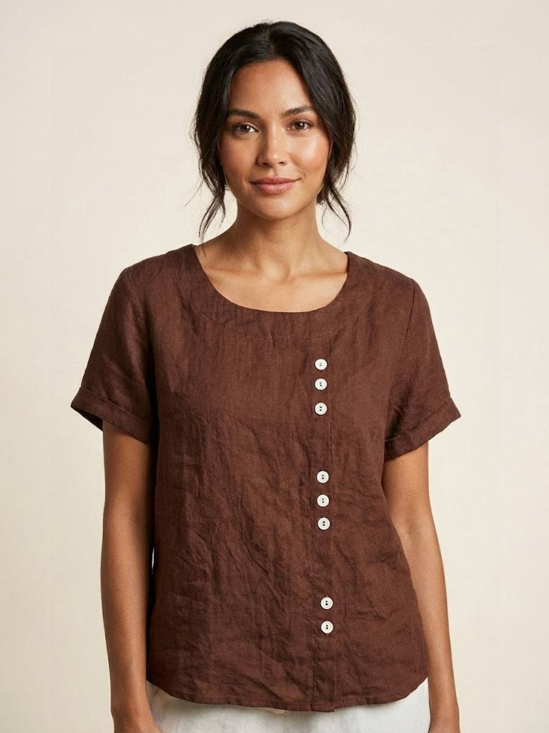 Relaxed Linen Top with Button Detail and Cuffed Sleeves