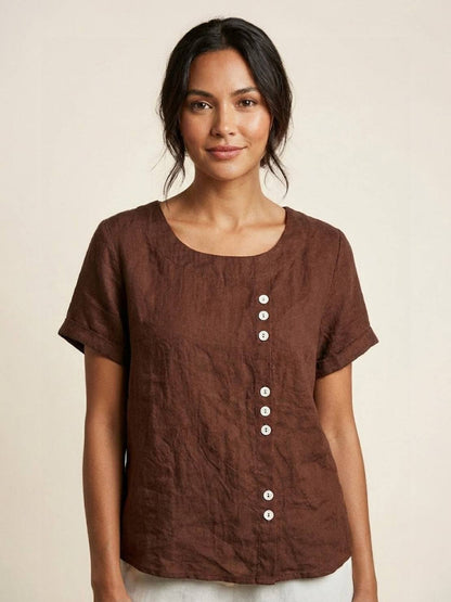 Relaxed Linen Top with Button Detail and Cuffed Sleeves