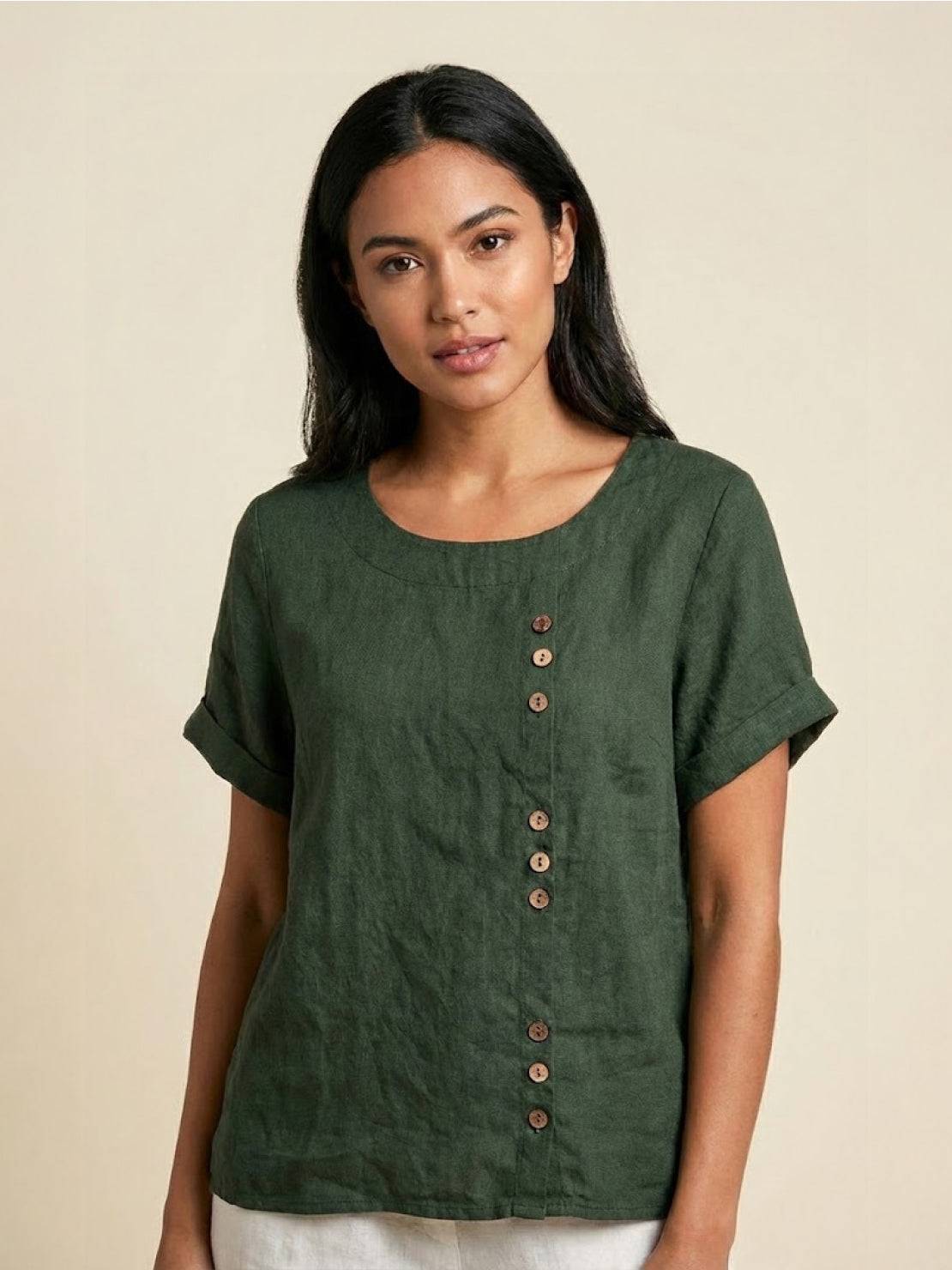 Relaxed Linen Top with Button Detail and Cuffed Sleeves