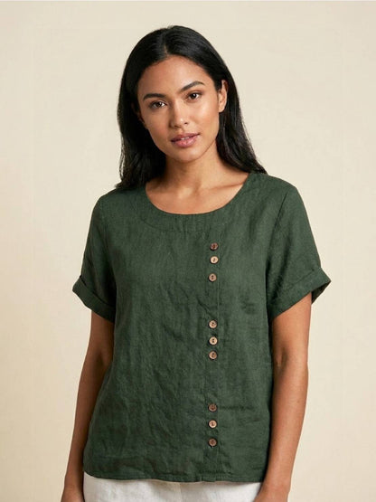 Relaxed Linen Top with Button Detail and Cuffed Sleeves