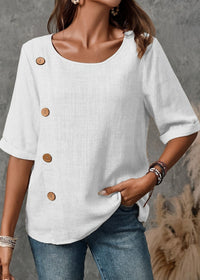 Relaxed Linen Top with Diagonal Button Detail and Scoop Neck
