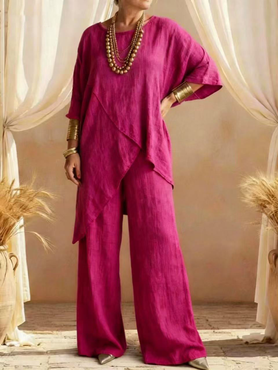 Relaxed Linen Two Piece Set with Asymmetric Top and Wide Leg Trousers