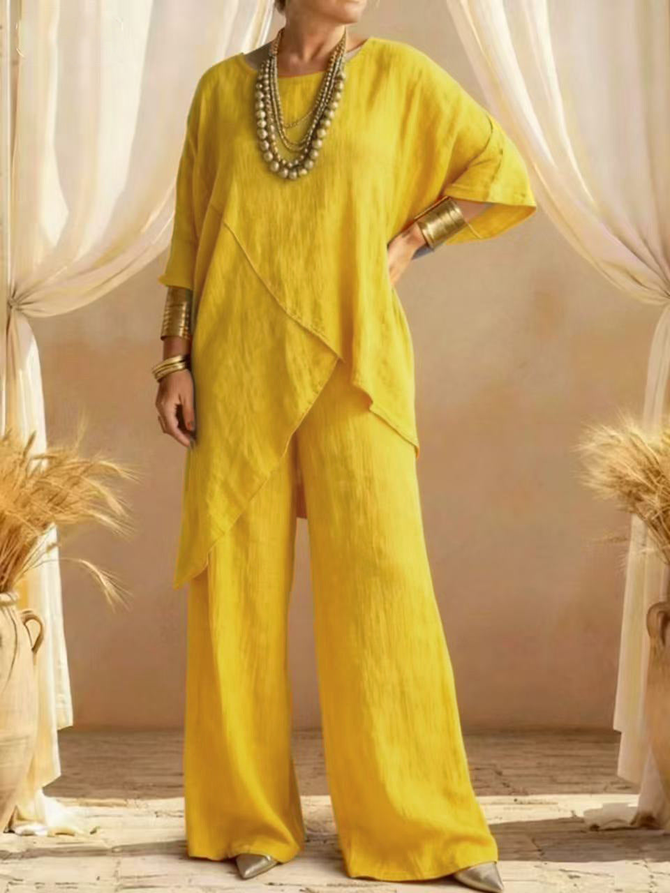 Relaxed Linen Two Piece Set with Asymmetric Top and Wide Leg Trousers
