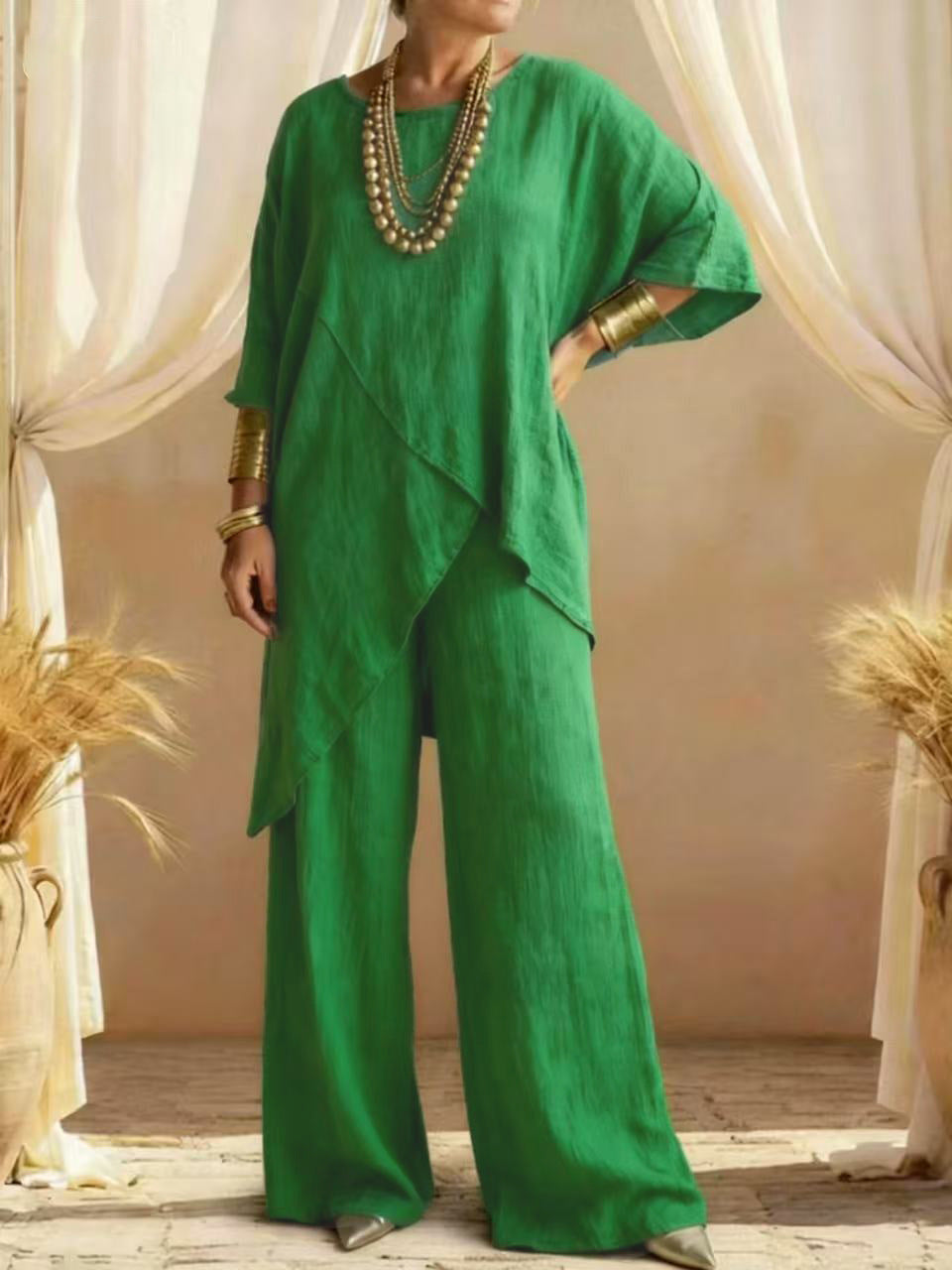 Relaxed Linen Two Piece Set with Asymmetric Top and Wide Leg Trousers