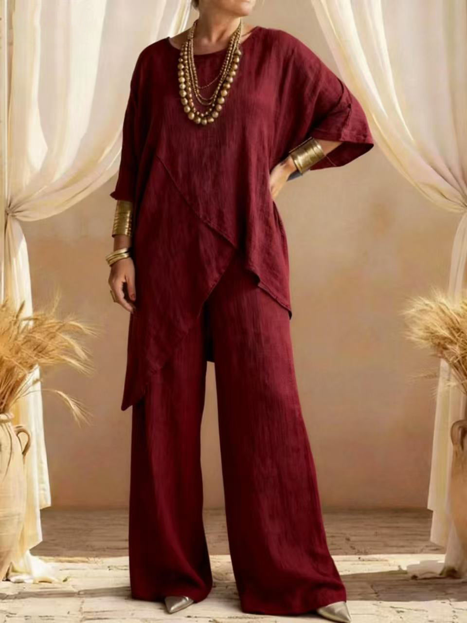 Relaxed Linen Two Piece Set with Asymmetric Top and Wide Leg Trousers