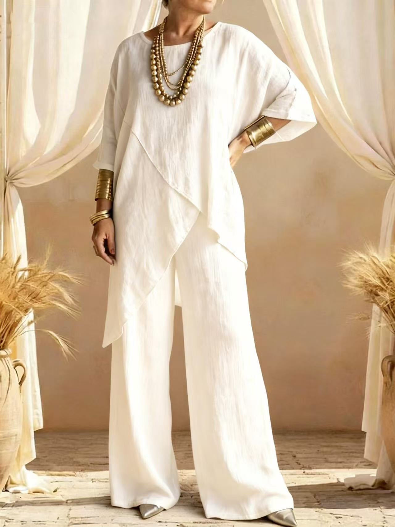 Relaxed Linen Two Piece Set with Asymmetric Top and Wide Leg Trousers