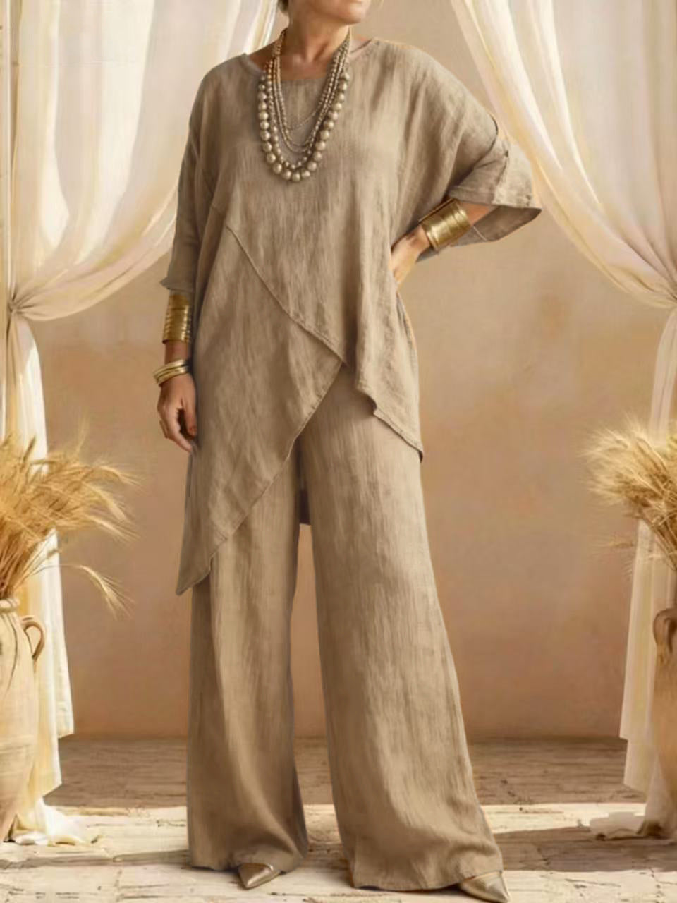 Relaxed Linen Two Piece Set with Asymmetric Top and Wide Leg Trousers