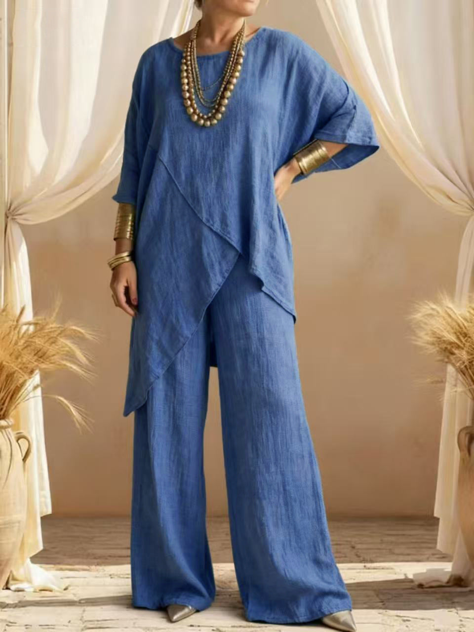 Relaxed Linen Two Piece Set with Asymmetric Top and Wide Leg Trousers