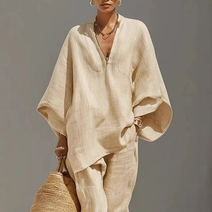 Relaxed Linen Two Piece Set with Oversized Top and Jogger Trousers