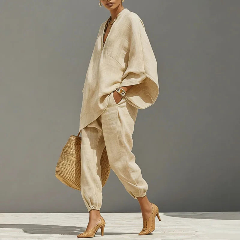 Relaxed Linen Two Piece Set with Oversized Top and Jogger Trousers
