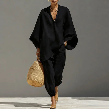 Relaxed Linen Two Piece Set with Oversized Top and Jogger Trousers