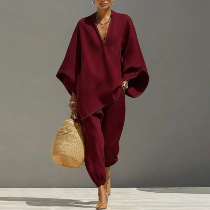 Relaxed Linen Two Piece Set with Oversized Top and Jogger Trousers