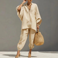 Relaxed Linen Two Piece Set with Oversized Top and Jogger Trousers