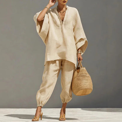 Relaxed Linen Two Piece Set with Oversized Top and Jogger Trousers