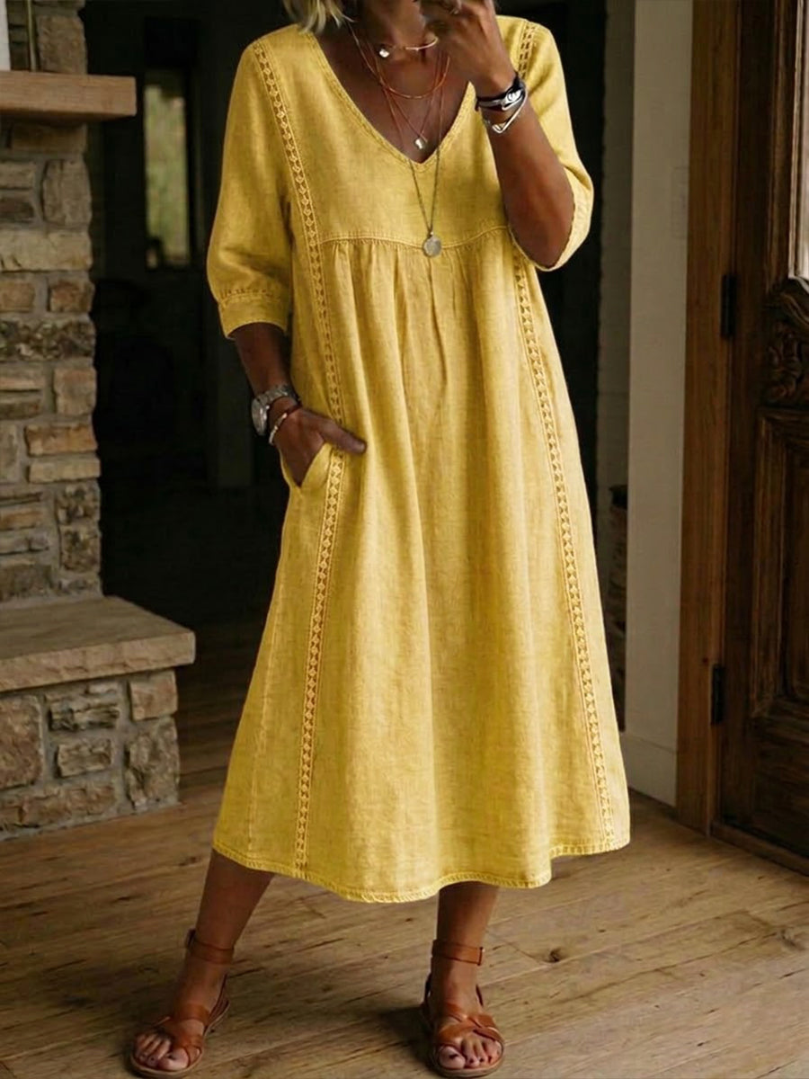 Relaxed Maxi Dress with Crochet Trim and V-Neckline