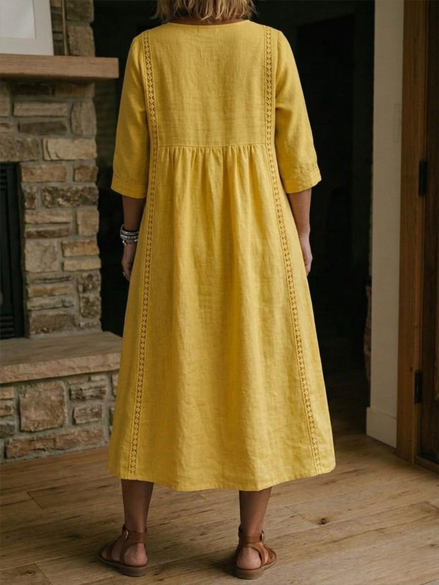 Relaxed Maxi Dress with Crochet Trim and V-Neckline