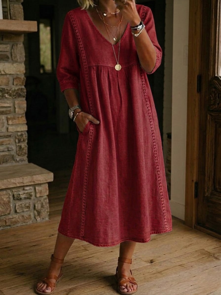 Relaxed Maxi Dress with Crochet Trim and V-Neckline