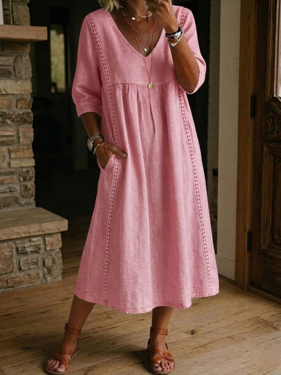 Relaxed Maxi Dress with Crochet Trim and V-Neckline